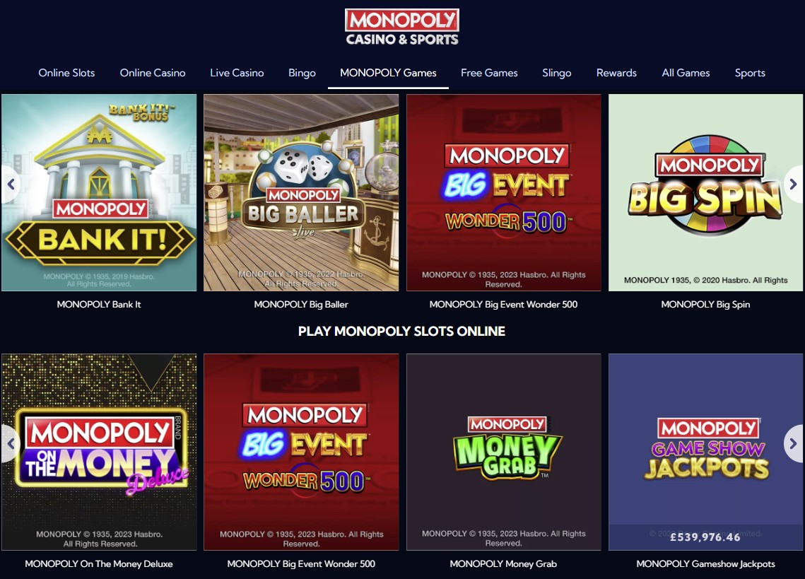 Monopoly slots and casino games at Monopoly Casino